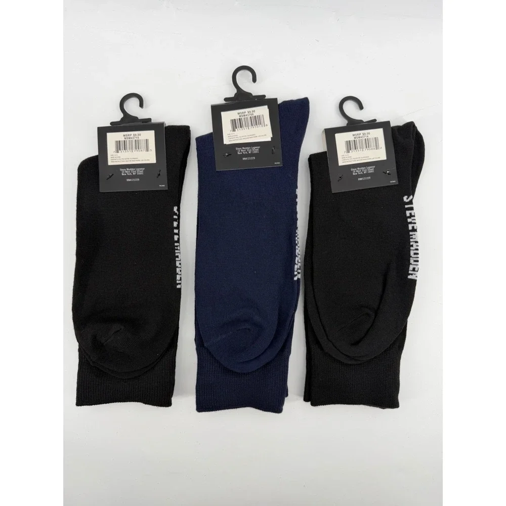 Steve Madden Men's Crew Socks 3 Pair Novelty 2 Black 1 Navy Size 10-13 NWT